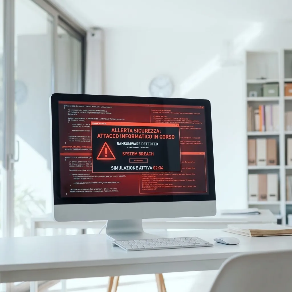 Schermata di allerta sicurezza su monitor aziendale durante simulazione di attacco informatico