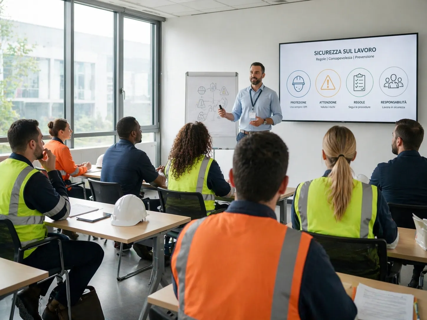 Corso di sicurezza sul lavoro in aula con lavoratori e formatore