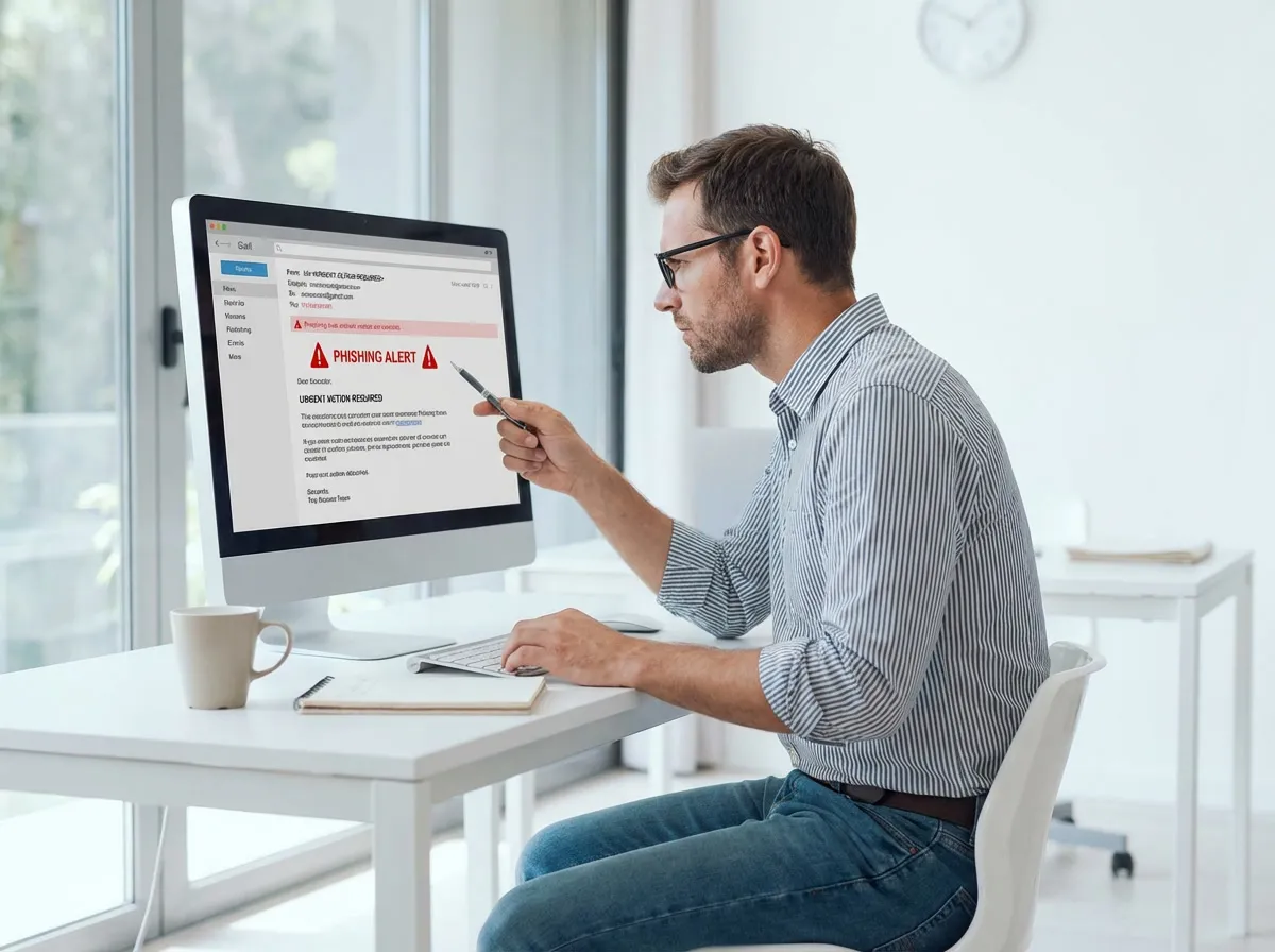 Dipendente aziendale che analizza un'email sospetta durante formazione sulla sicurezza informatica