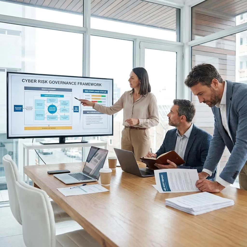 Direzione aziendale in riunione su governance del rischio cyber e compliance NIS2