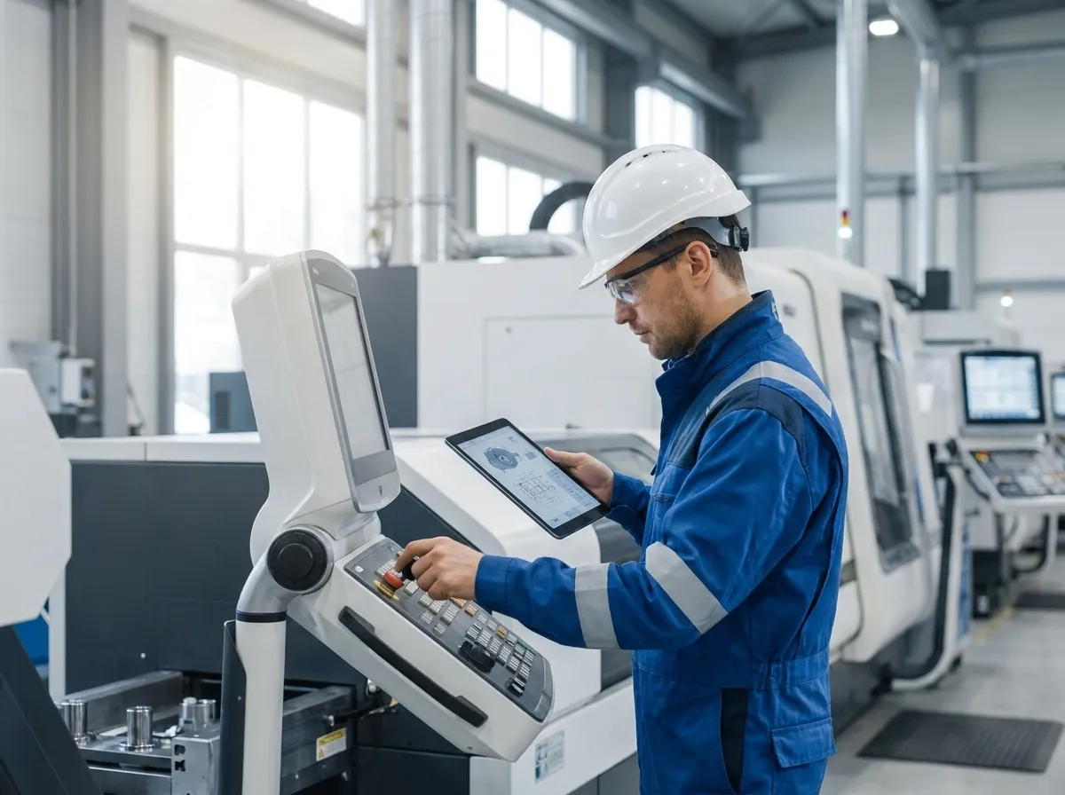 Lavoratore specializzato con caschetto protettivo al lavoro in un impianto industriale, formato tramite il Piano Mattei di Innoform