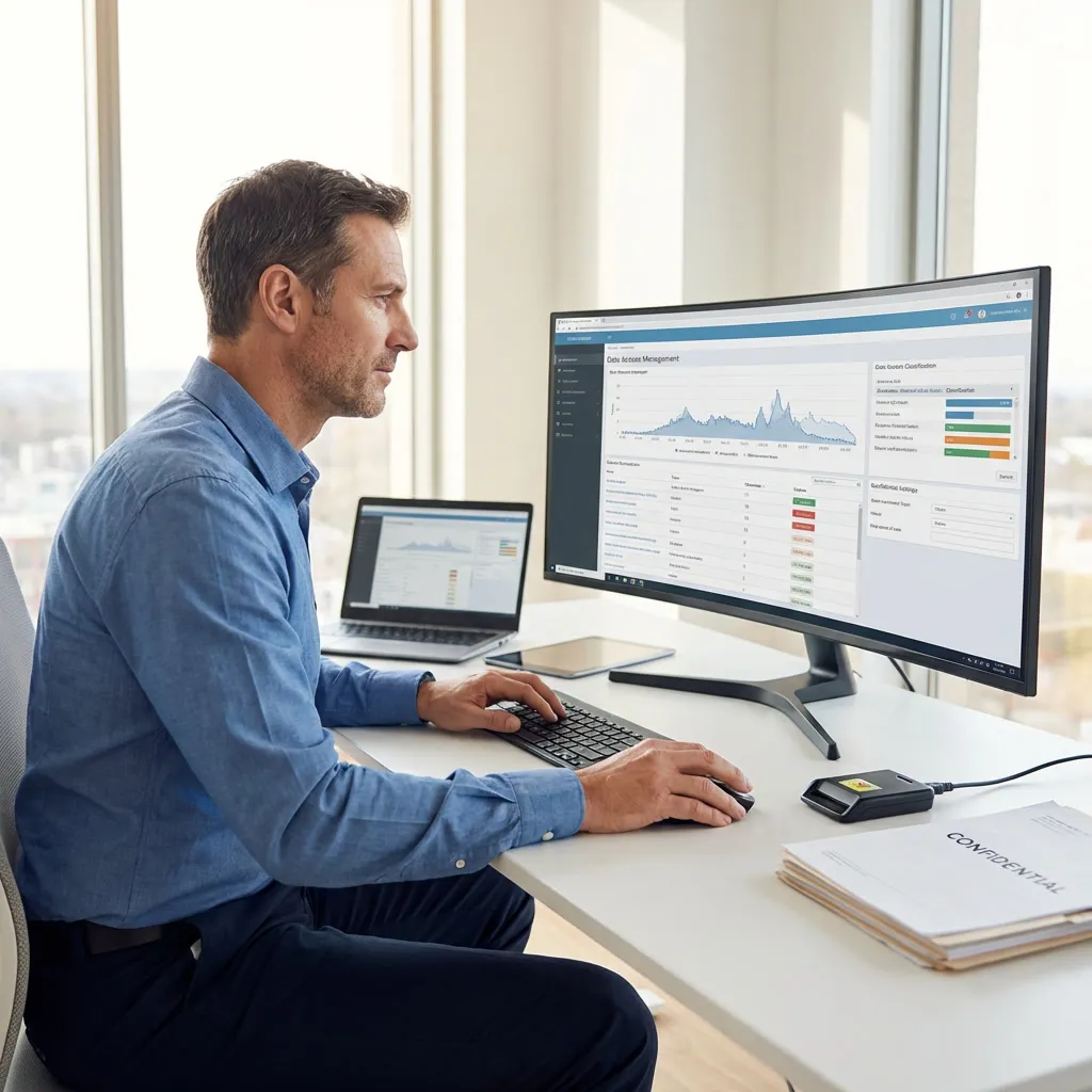 Professionista aziendale che gestisce accessi e classificazione dei dati su sistema informatico