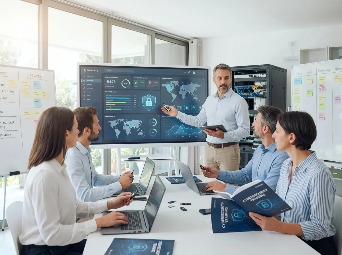 Team aziendale in sessione di formazione sulla cybersecurity con strumenti di sicurezza informatica