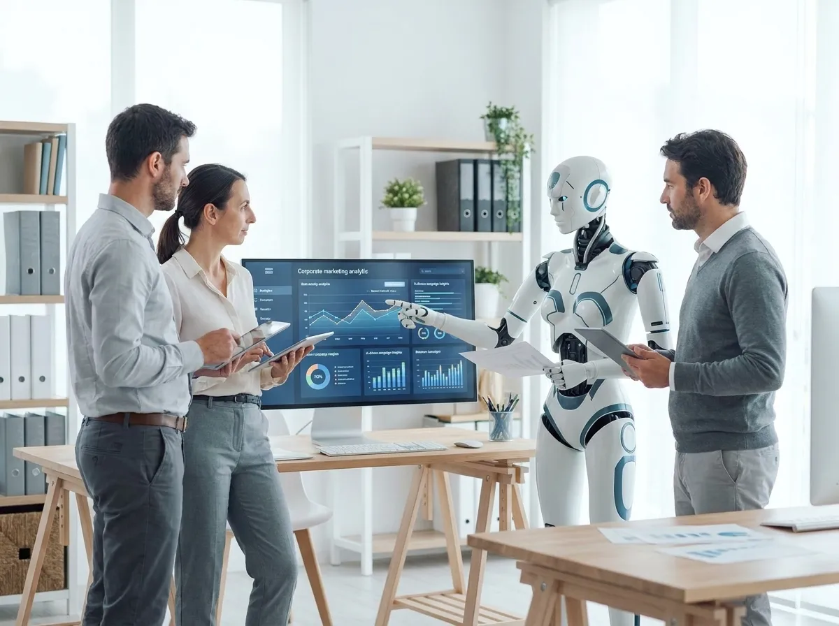 Team marketing aziendale che analizza dati e campagne con strumenti di intelligenza artificiale