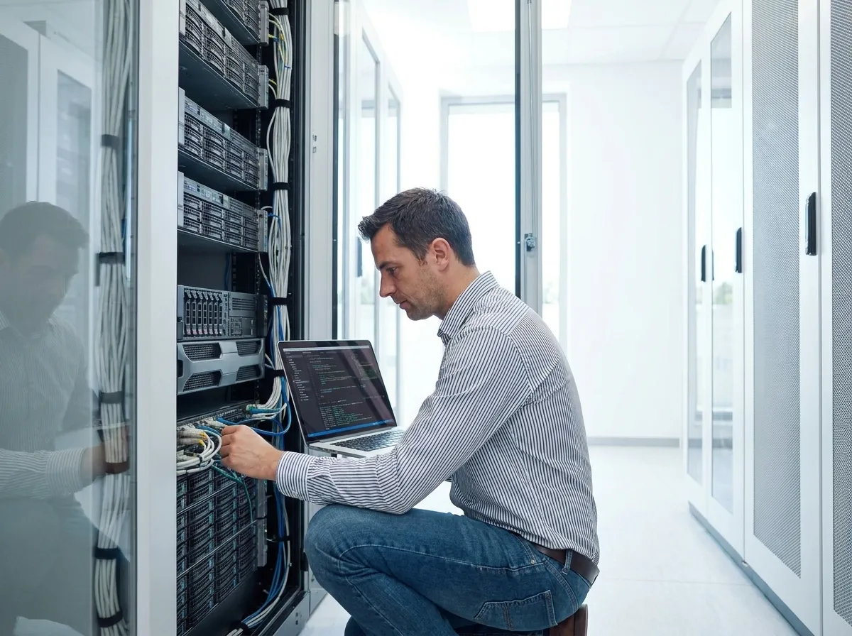 Tecnico IT che esegue hardening e monitoraggio su server aziendale